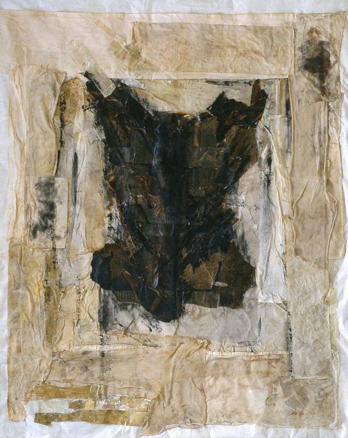 Schmates au papier goudron Schmates  with tar paper,  1998, Printing  and Chinese ink, tar paper, scotch tape, sheet, lay on canvas,148 x118 cm. 